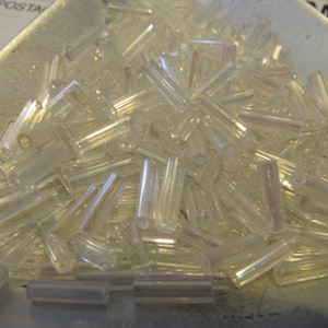 Czech Bugle Bead Size 2, Crystal Clear AB  Bugle Bead, 5mm x 2mm Tube bead, Clear Glass Rainbow Finish Bugle Bead