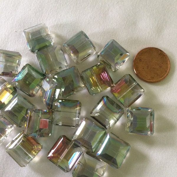 Chinese 14mm Square Cut Bead, Light Blue Green Crystal with AB Coating, Square Faceted Blue Green Cut Bead, Iris Coat/Rainbow Finish Bead