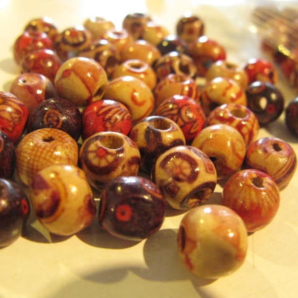 8 mm Patterned Wood Beads, Large hole Wood Beads, Ethnic Designed Wood Beads, 10mm Patterned Wood Bead,