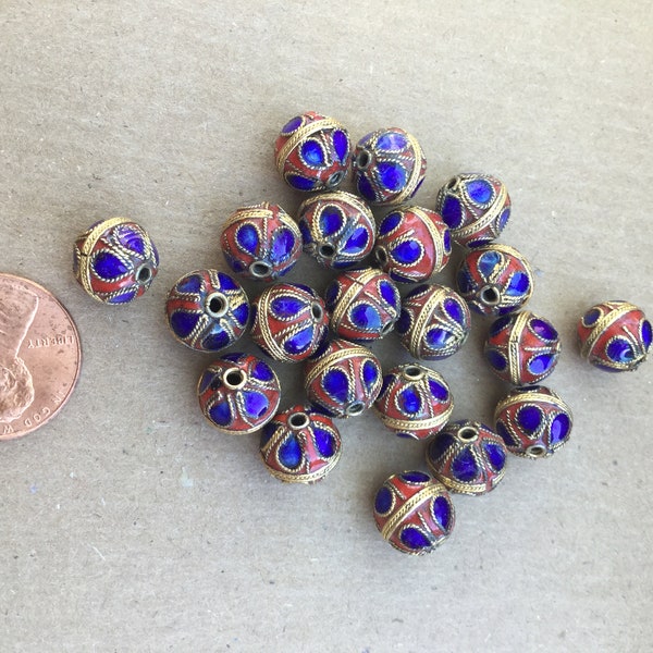 Cloisonne Round Metal Bead, 8mm Enamel Chinese Bead, Red & Blue Enamel Cloisonne Bead, Enamel Bead with Gold Plating, 8mm Cloisonne Bead