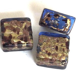16mm Murano Lamp work Bead with Avventura Sparkles, Venetian Gold foil Bead with Blue Glass Overlay, Italian Square 7mm Thick Bead,