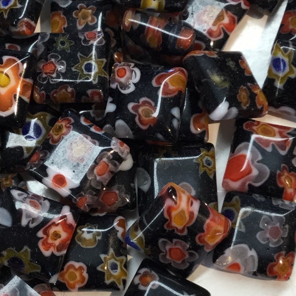 Millefiori 10 x 8 mm Rectangular Bead, Opaque Black 10mm Bead, Chinese 1000 Flower Bead, Beads with Many Colors of Cane Glass Flowers