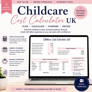 Könnte beinhalten: Ein Laptop zeigt einen Kindertagesstätten-Kostenrechner mit der Aufschrift "Childcare Cost Calculator UK". Der Bildschirm zeigt eine Budgetübersicht und Tools zur Finanzplanung. Das Design ist rosa und blau.