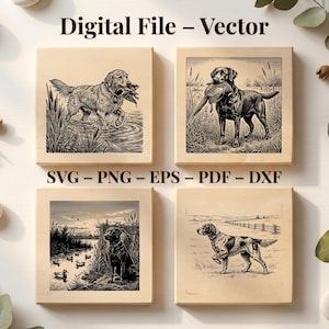 May include: A digital file vector set featuring four square illustrations of hunting dogs in black ink on a light wood background. The text Digital File - Vector and SVG - PNG - EPS - PDF - DXF is printed in black above and below the images.