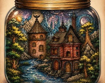Wunderliche Glas-Kunst-Druck: Verzauberte Landschaft, digitaler Download (Wandkunst, Aufkleber, Dekor)
