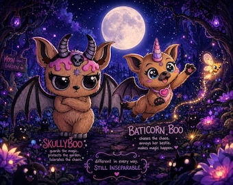 SkullyBoo & Baticorn Boo | Mond Garten Fantasy Kunstdruck.