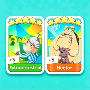 May include: Two rectangular game cards with five yellow stars at the top. The left card shows a person in blue striped pyjamas wearing a foil hat holding a torch toward a green alien, labelled Extraterrestrial. The right card shows a large bulldog and a small grey dog, labelled Hector. Both cards display a +3 count.