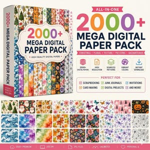 May include: A digital paper pack with over 2000 designs, featuring Christmas, floral, and patterned backgrounds. The pack includes high-resolution, seamless patterns, and vibrant colors. Perfect for scrapbooking, card making, and digital projects.