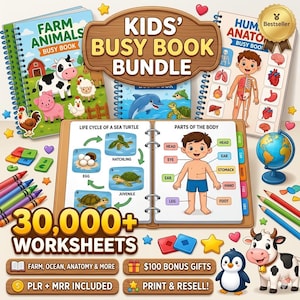 May include: A bundle of kids' busy books with the title "KIDS' BUSY BOOK BUNDLE". The books cover topics like farm animals, anatomy, and ocean life. The image also includes a globe, crayons, and the text "30,000+ WORKSHEETS".