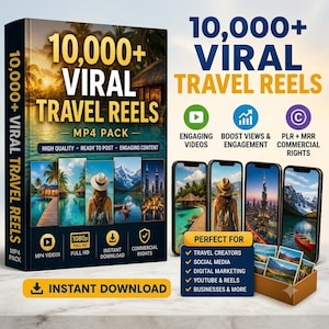 以下が含まれることがあります： 「10,000+ VIRAL TRAVEL REELS」と「MP4 PACK」のテキストが入った製品ボックス。旅行先の画像と、魅力的な動画、エンゲージメントの向上、商用権のアイコンが含まれています。また、旅行リールが表示されたスマートフォンと、旅行リールの画像が入った箱も表示されています。