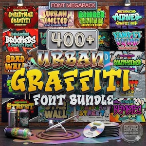 May include: A digital font bundle with over 400 urban graffiti fonts. The image features various font styles, spray paint cans, a CD-ROM, and the text "FONT MEGAPACK" and "URBAN GRAFFITI FONT BUNDLE".