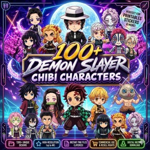 May include: A digital collection of over 100 Demon Slayer chibi characters featuring various anime figures in a stylized graphic layout. The text reads 100+ DEMON SLAYER CHIBI CHARACTERS against a vibrant purple and blue neon background with a full moon.