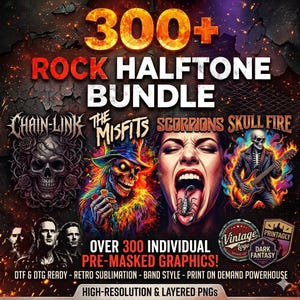 Op de afbeelding: Een promotionele afbeelding voor een rock halftone bundel, met de tekst "300+ Rock Halftone Bundle". De afbeelding bevat illustraties van schedels, bandlogo's en een vrouw met een schorpioen op haar tong. De afbeelding vermeldt ook "Over 300 Individual Pre-Masked Graphics!"