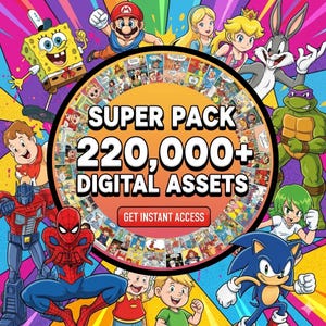 May include: A colourful graphic featuring cartoon characters including SpongeBob, Mario, and Sonic the Hedgehog. The image has the text "SUPER PACK 220,000+ DIGITAL ASSETS" in a circular design, with a button that says "GET INSTANT ACCESS". The background is a vibrant splash.