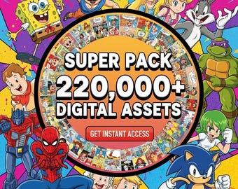 May include: A vibrant graphic featuring cartoon characters like SpongeBob, Mario, and Sonic the Hedgehog. The image has the text "SUPER PACK 220,000+ DIGITAL ASSETS" in a circular design, with a button that says "GET INSTANT ACCESS". The background is a colorful splash.