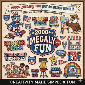 Op de afbeelding: Een verzameling digitale ontwerpen met een patriottisch thema, met de tekst "2000+ Megaly Fun July 4th Design Bundle!". De illustraties bevatten een kat, adelaar, vuurwerk en andere feestelijke elementen in rood, wit en blauw.