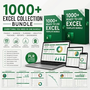May include: An image showcasing an Excel template bundle with over 1000 templates. The bundle includes financial templates, business operations tools, and dashboards. The image features a laptop, tablet, and smartphone displaying example spreadsheets, with the text "1000+ Excel Collection Bundle."