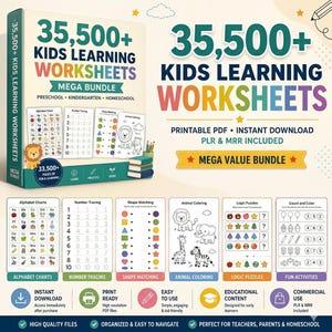 Könnte beinhalten: Ein Bundle mit Lernarbeitsblättern für Kinder mit dem Text "35.500+ KIDS LEARNING WORKSHEETS MEGA BUNDLE". Enthält Alphabettabellen, Zahlenverfolgung, Formen zuordnen, Tierausmalbilder, Logikrätsel. Druckbare PDF, Sofort-Download.