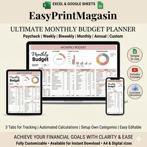 May include: An advertisement for a monthly budget planner, displayed on a laptop, tablet, and smartphone. The planner is designed for Excel and Google Sheets, with features like automated calculations and easy editing. Text includes "Ultimate Monthly Budget Planner" and "Achieve Your Financial Goals."