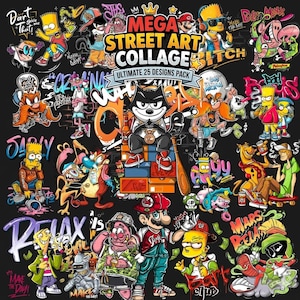 May include: A black collage featuring cartoon characters in a street art style. The image includes the text "MEGA STREET ART COLLAGE ULTIMATE 25 DESIGNS PACK". Various characters are depicted with graffiti-style art and bold colours.