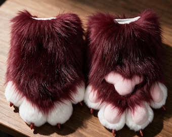 Red Furry Claw Gloves with Whistle – Plush Fursuit Paw Cosplay Accessory