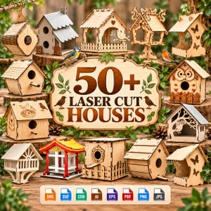 Puede incluir: Una colección de casas para pájaros de madera con varios diseños cortados con láser, incluyendo formas con mariposas, búhos y patrones intrincados. Un letrero central muestra el texto 50+ LASER CUT HOUSES con iconos de formato SVG, DXF, CDR, AI, EPS, PDF, PNG y JPG.