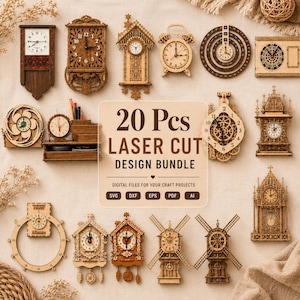 May include: A collection of 20 laser cut wooden clock designs featuring various styles including cuckoo, windmill, and circular wall clocks. The central text reads 20 Pcs LASER CUT DESIGN BUNDLE, DIGITAL FILES FOR YOUR CRAFT PROJECTS, SVG, DXF, EPS, PDF, AI.