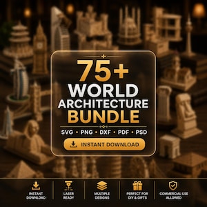 Puede incluir: Un gráfico digital con el texto 75+ WORLD ARCHITECTURE BUNDLE SVG PNG DXF PDF PSD INSTANT DOWNLOAD. El fondo muestra varios modelos arquitectónicos en miniatura de madera de monumentos mundiales en un entorno oscuro y desenfocado.