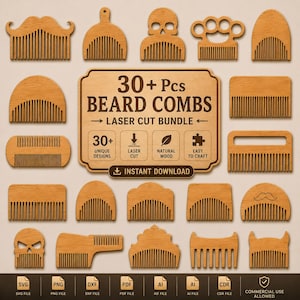 May include: A collection of over 30 wooden beard comb designs featuring various shapes including skulls, mustaches, and brass knuckles. The central text reads 30+ Pcs BEARD COMBS LASER CUT BUNDLE, with icons for laser cut, natural wood, and easy to craft.