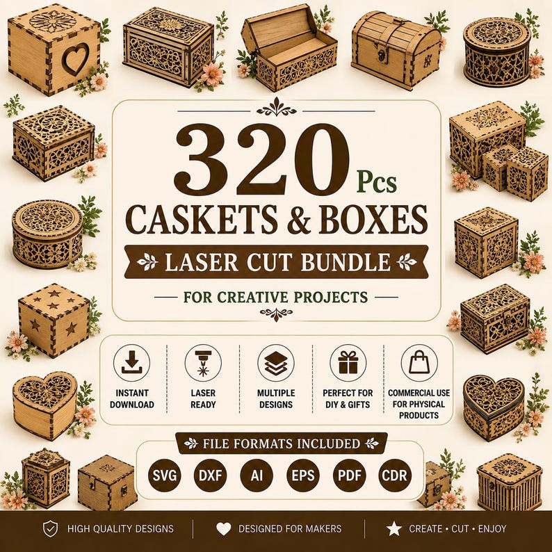 May include: A collection of laser-cut wooden boxes and caskets featuring intricate patterns, heart shapes, and floral accents. The central text reads 320 Pcs CASKETS & BOXES LASER CUT BUNDLE, with icons for download, laser, layers, gifts, and shopping.