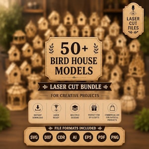 Casita para pájaros de madera cortada con láser SVG / Archivo de casita para pájaros Glowforge / Diseño de artesanía en madera 3D para bricolaje / Plantilla xTool LightBurn