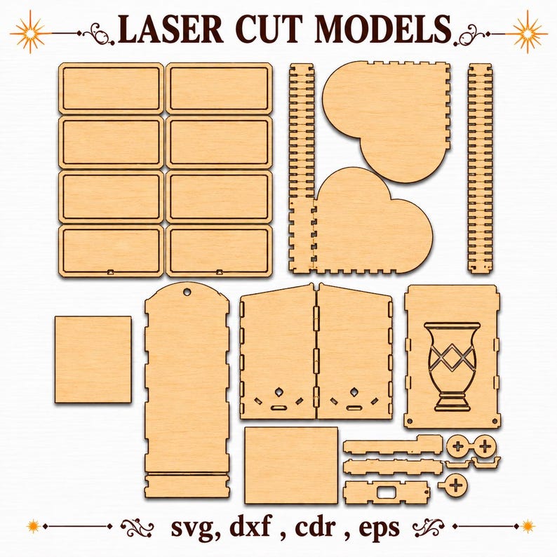 May include: A collection of light-coloured wooden laser cut model pieces for assembly, including rectangular frames, heart shapes, and panels with a vase engraving. The text LASER CUT MODELS and svg, dxf, cdr, eps are visible.