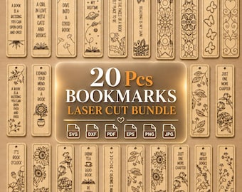 20 Pcs Laser Cut Bookmarks Bundle SVG, Wooden Bookmark Files, Book Lover Gift, Reading Bookmark Designs, Glowforge Cnc Dxf Eps Pdf Png