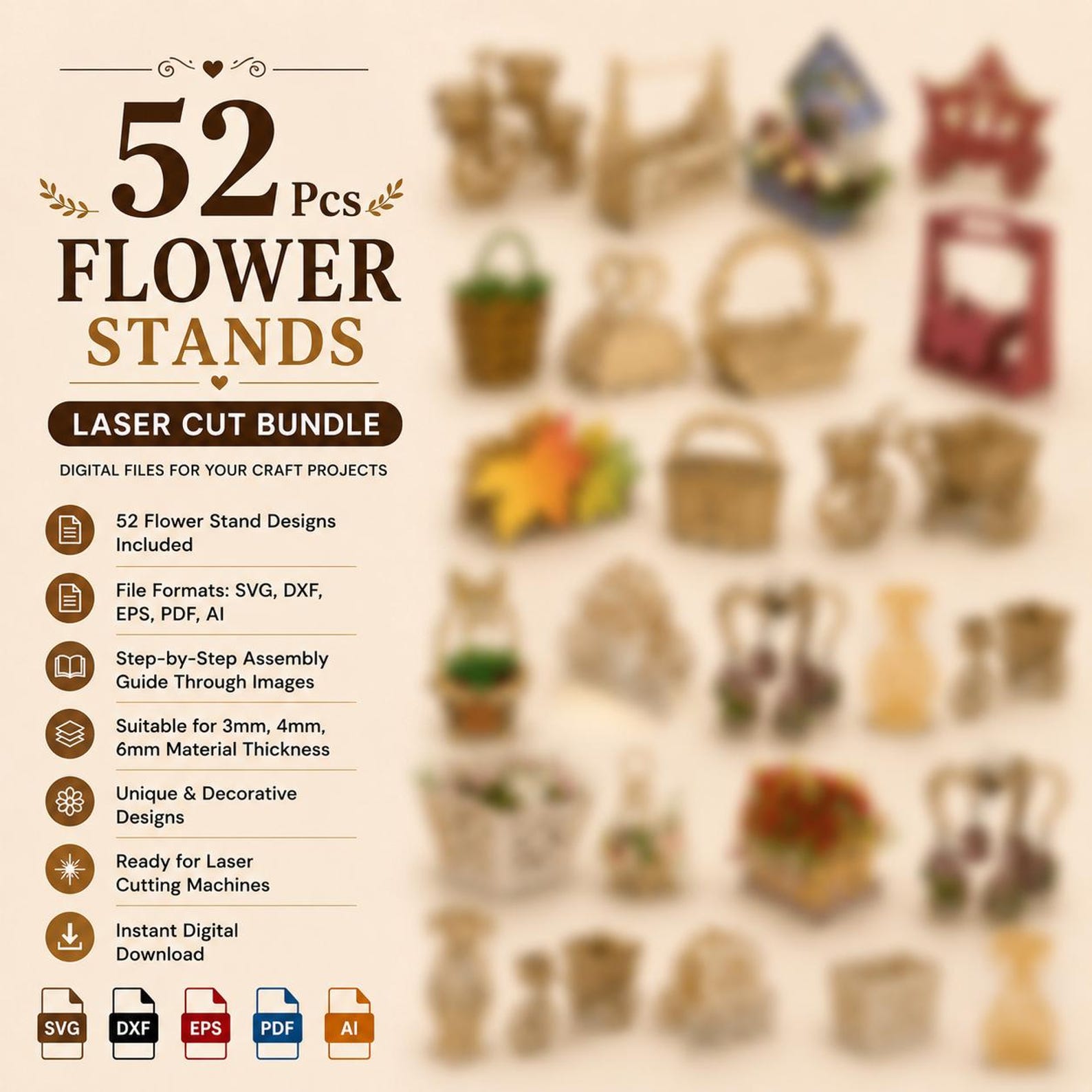 Flower Stands Laser Cut Bundle SVG | Wooden Plant Stand DXF Files for ...