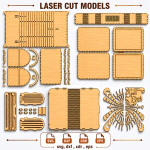 May include: A collection of light-coloured wooden laser cut model pieces for assembly, featuring various rectangular, curved, and decorative components. The text LASER CUT MODELS and Spell Book are visible, along with file format icons SVG, DXF, CDR, and EPS.