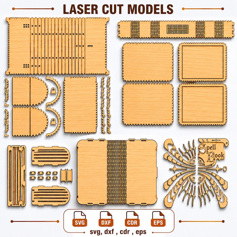 May include: A collection of light-coloured wooden laser cut model pieces for assembly, featuring various rectangular, curved, and decorative components. The text LASER CUT MODELS and Spell Book are visible, along with file format icons SVG, DXF, CDR, and EPS.