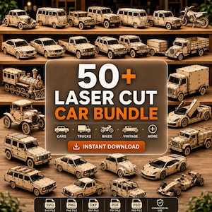 50+ 3D-laserskurna bilar-pusselpaket | Bilpaket SVG | 3D-bilpusselfiler för Glowforge | CNC-träfordon DXF och träleksaksbilmodeller