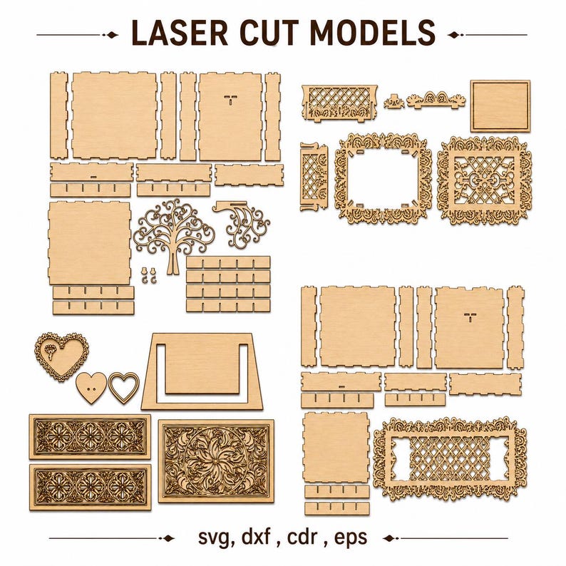 May include: A collection of light brown laser cut wood models featuring various flat-packed components, intricate filigree frames, heart shapes, and a tree silhouette. The text LASER CUT MODELS and svg, dxf, cdr, eps are clearly visible.