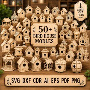 Pode incluir: Uma coleção de mais de 50 modelos de casas de pássaros em madeira com vários designs arquitetónicos, incluindo estilos de gazebo e castelo. O conjunto apresenta um sinal central com 50+ BIRD HOUSE MODLES e um sinal inferior com SVG DXF CDR AI EPS PDF PNG.