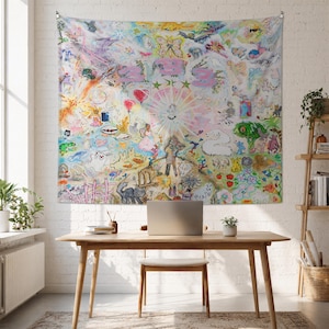 May include: A large rectangular wall tapestry featuring a dense, colorful collage of hand-drawn illustrations including animals, celestial bodies, flowers, and abstract shapes. The artwork is filled with vibrant pastels and bright ink drawings.