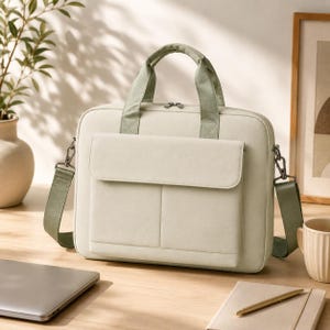 May include: A light beige laptop bag with a front pocket and a sage green handle and shoulder strap. The bag is sitting on a wooden surface. The bag has a handle and a detachable shoulder strap.