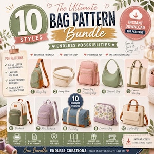 Op de afbeelding: Een digitaal pakket met 10 naaipatronen voor tassen, waaronder een sling bag, heuptas, luiertas, halvemaanvormige tas, canvas tote bag, rugzak, mini-rugzak, reistas, cosmetische tas en laptoptas, met tekst voor directe download en PDF-formaten.