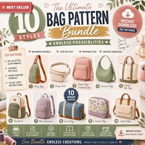 Op de afbeelding: Een digitaal pakket met 10 naaipatronen voor tassen, waaronder een sling bag, heuptas, luiertas, halvemaanvormige tas, canvas tote, rugzak, mini-rugzak, reistas, toilettas en laptoptas met de tekst The Ultimate Bag Pattern Bundle.