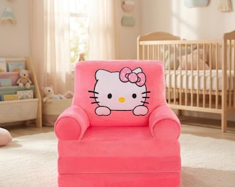 Toddler Bow Cat Couch — Cute Pink Kitten Kids Foldable Sofa Chair for Girls Nursery Playroom & Baby Room Decor Gift