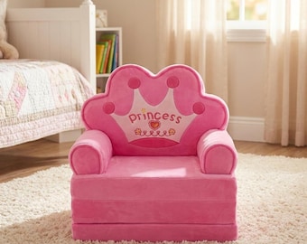 Toddler Princess Crown Couch — Cute Pink Royal Kids Foldable Sofa Chair for Girls Nursery Playroom & Children Room Gift