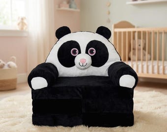 Toddler Black Panda Couch — Cute Animal Kids Foldable Sofa Chair for Boys Girls Nursery Playroom & Children Room Gift