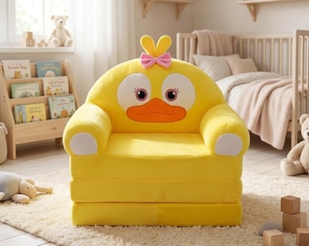 Toddler Duck Couch — Cute Yellow Duckling Kids Foldable Sofa Chair for Girls Nursery Playroom & Baby Room Decor Gift
