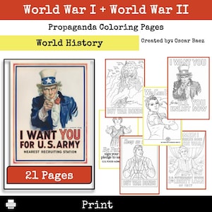 Könnte beinhalten: Eine Sammlung von Ausmalbildern zur Propaganda des Ersten und Zweiten Weltkriegs. Die Seiten zeigen historische Bilder und Texte, darunter Uncle Sam und Aufrufe zum Kauf von Kriegsanleihen. Das Set umfasst 21 Seiten.