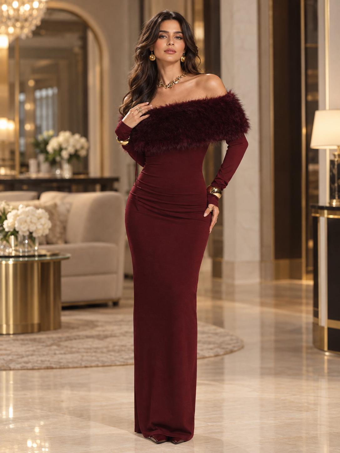burgundy dress with fur in cups provide flattering
