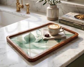 Handgemaakt houten dienblad met groen blad | Decoratief dienblad voor salontafel (7 x 11 inch)
